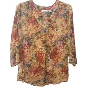 LIZ CLAIBORNE LONG SLV PULL-OVER V-NECK BLOUSE, WOMEN, XL, YELLOW ORANGE PURPLE